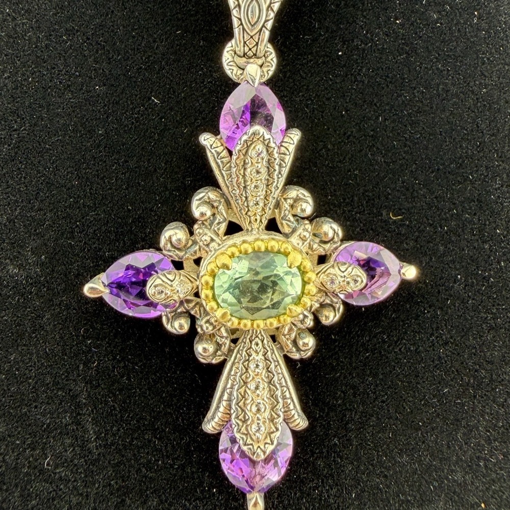 Barbara Bixby Cross Amethyst Fluorite Cross Enhancer Pendant 925 18K